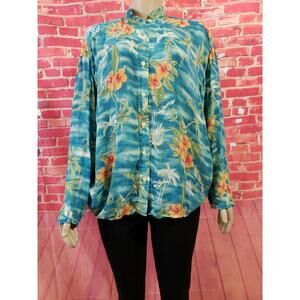 Tianello Womens Size M Blue Tropical Floral Rayon Long Sleeve Button Up Shirt #1